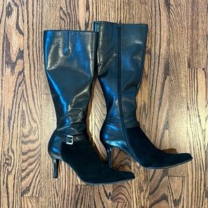 Franco Sarto black leather and suede boots with 3” heel